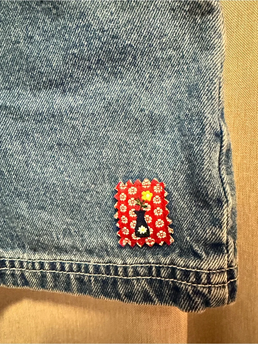 Kids Denim Overall Shorts with Floral Embroidery - Blue